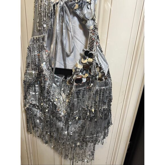 Women's Embellished Sequin Open Back Halter Sleeveless Beyonce Dress Silver XS - Picture 4 of 9